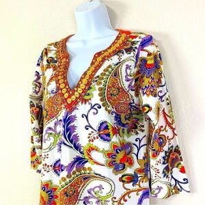 Joyous & Free 3/4 Sleeve Jeweled Sweetheart Collar Tunic Top Size L